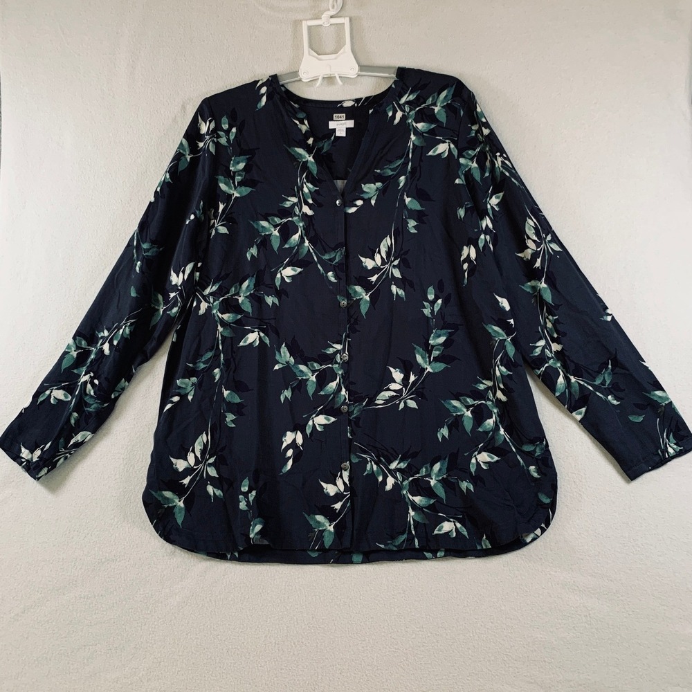 J.Jill Pure Jill Women Button Up Long Sleeve Tunic Blouse Top Floral Navy L Tall